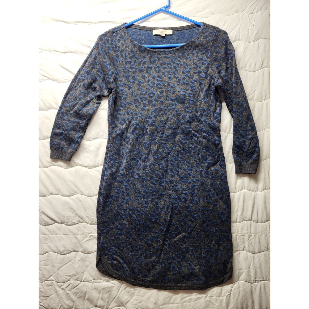 LOFT Ann Taylor Women's Blue Gray Animal Print Knit Sweater Dress Size S Small